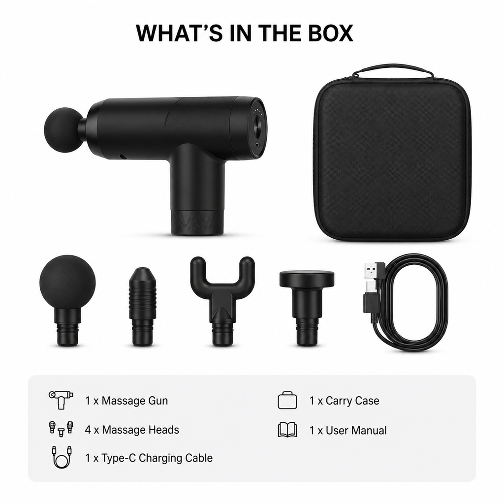 Deep Tissue Massage Gun | 6 Speed Levels | 4 Massage Heads | 4000mAh Battery | Muscle Recovery & Pain Relief
